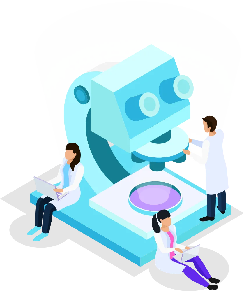 Researchers around a microscope – illustration
